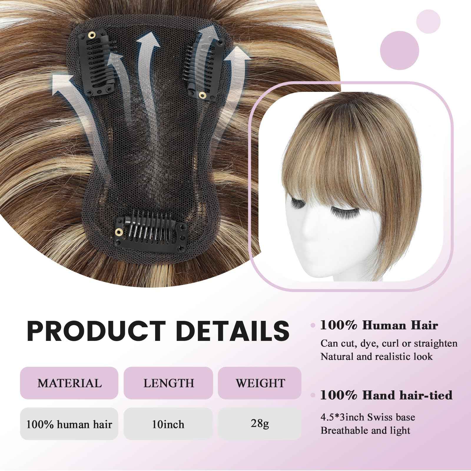 Human Hair Toppers with Bangs Hair Toppers for Women Remy Human Hair Hand-stitched 360°3D Coverage Natural for Thinning HairPieces for Women with Thinning Hair Swiss Base(4T4/27#)