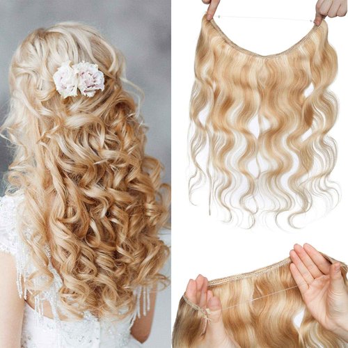 S-noilite Wire Hair Extensions Human Hair with 2 Clips Wavy Balayage Secret Wire Hair Extensions with Adjustable Headband 20" 70g Fish Line Hairpieces For Women #18/613 Ash Blonde/Bleach Blonde