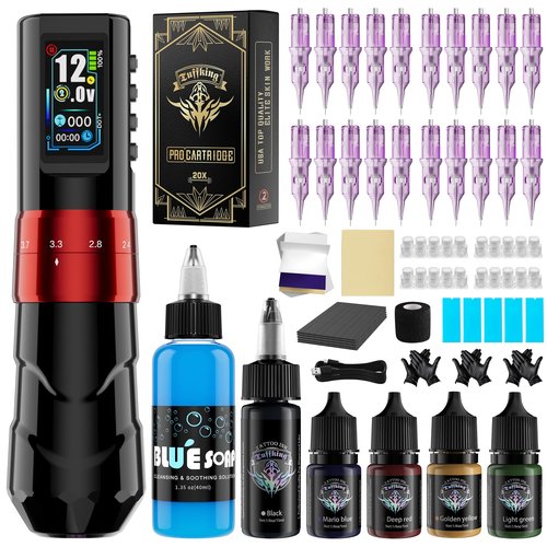 Tuffking Tattoo Kit - Wireless Tattoo Gun Kit, Professional Rotary Tatoo Pen Machine with 6 Strokes Length,1600mAh Battery, 20pcs Cartridge Needles for Artist and Beginners Tattoo Supplies(Red)