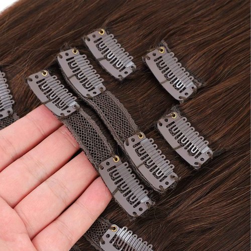 QueenYoung Clip in Hair Extensions Real Human Hair 9pcs 130g Dark Brown Hair Extensions Straight Natural Soft Human Hair Extensions Thick Remy Straight Clip in Hair Extensions 18inch Dark Brown