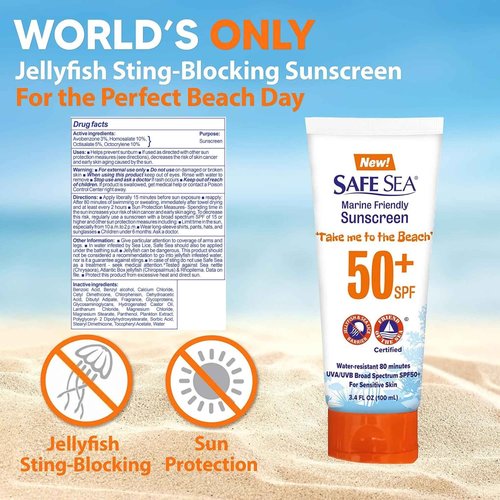 Safe Sea Anti-Jellyfish Sting Protective Lotion - Sunscreen - Sunblock - Sea Lice - Jelly Fish - 50SPF Adults (Tube 3.4 oz 3 pack)