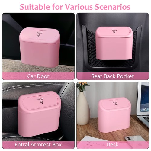 Accmor Car Trash Can with Lid, Vehicle Trash Bin Car Dustbin Garbage Organizer Holder with One Roll Trash Bag, Portable Hanging Mini Leakproof Cars Storage Bag Container for Auto, SUV, Office (Pink)