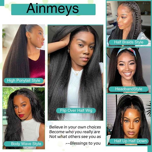 Ainmeys Kinky Straight U Part Wigs 200% Brazilian Yaki Straight Upgrade U Shape Human hair Wigs With Drawstring for Women No leave out wear and go Glueless Clip In Half Wigs (22IN)