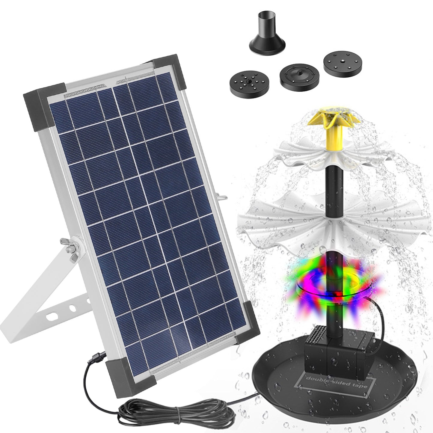 Solar Bird Bath Fountain Water Feature with Colorful LED Lights, 3 Nozzles, 6W Solar Panel
