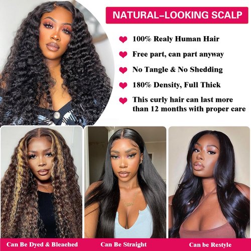 ZKSK 22 Inch Deep Wave Lace Front Wigs Human Hair 13x6 HD Lace Frontal Wigs Human Hair Pre Plucked Natural Color Glueless Wig 180% Density Deep Curly Wigs for Black Women