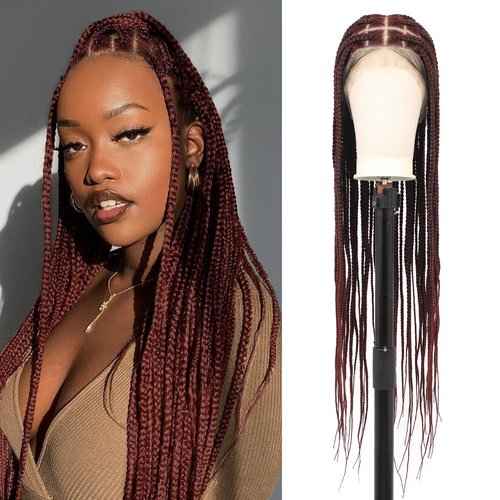 Fecihor 360 HD Full Lace Knotless Braided Wigs with Baby Hair Box Braid Wig for Women Premium Synthetic Burgundy Natural Braided Lace Front Wigs 36 Inch
