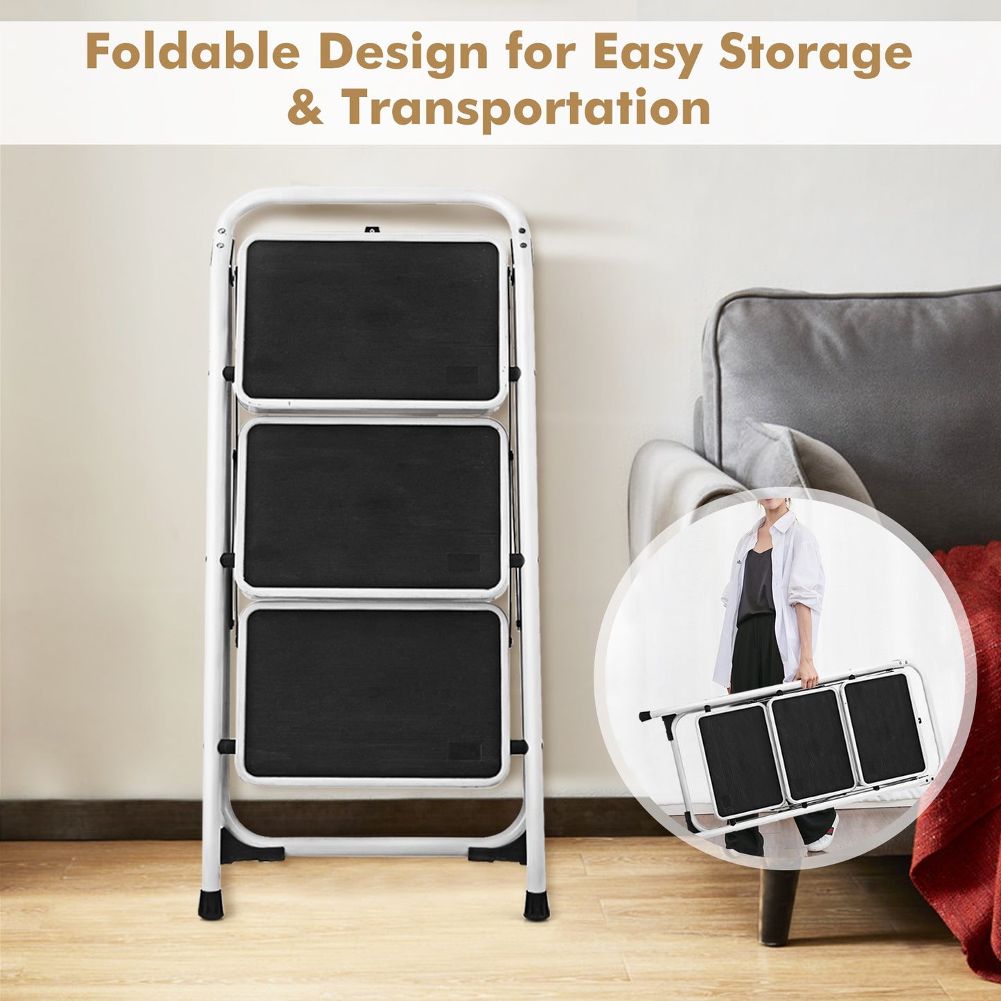 Foldable 3-Step Ladder with Handgrip Anti-Slip Platform Home Office Use