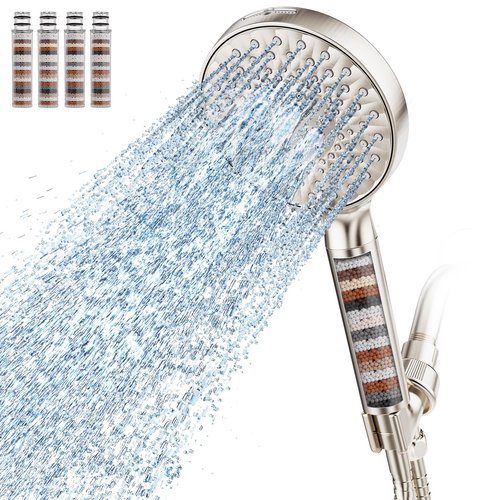 Filtered Shower Head with Handheld, High Pressure 9 Spray Mode Brushed Nickel Showerhead with 4 Filters, Detachable Shower Head, Water Softener Filters Beads for Hard Water - Remove Chlorine