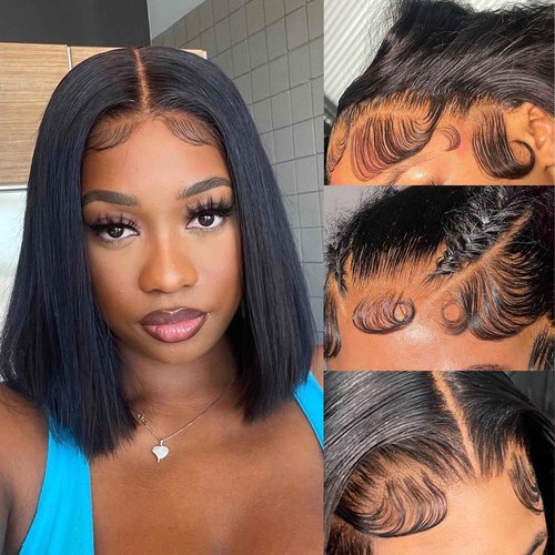TruhLius Wear and Go Glueless Bob Wig Human Hair 16 Inch Natural Black 13x4 Lace Front Wigs Human Hair Pre Plucked Pre Cut 200 Density Short Straight Bob Wigs for Black Women