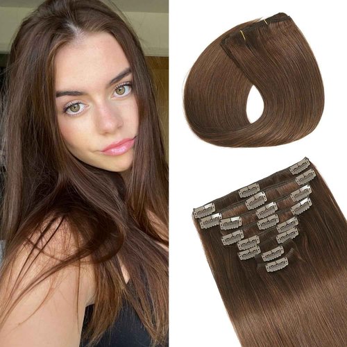 Ailiceehr Human Hair Clip in Hair Extensions #4 Chocolate Brown 80g 16inch Real Human Hair Extension Striaght 8Pcs Double Weft Thick and Soft.