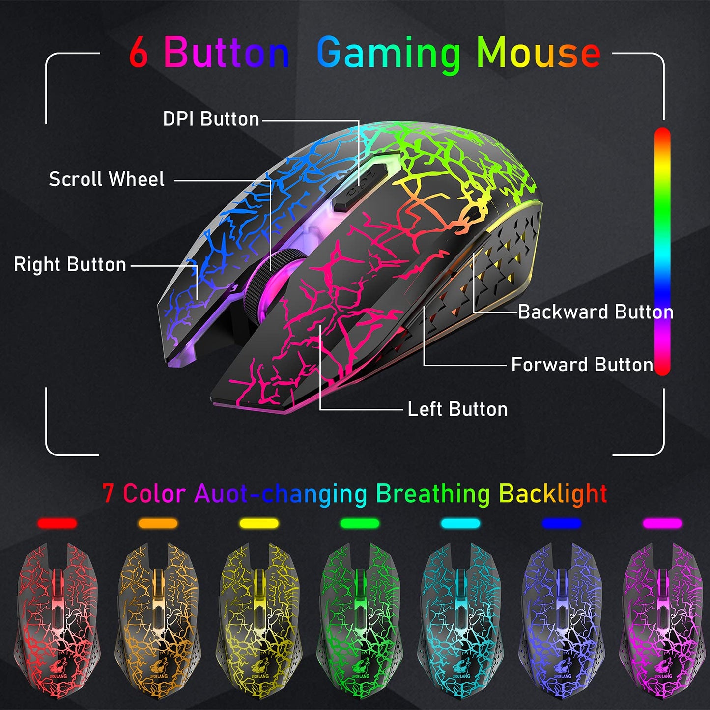 ZIYOU LANG T61 Wireless Gaming Keyboard and Mouse Combo with Ergonomic 61 Key Rainbow LED Backlight Anti-ghosting Mechanical Feel Rechargeable 4000mAh Battery Mouse Pad for PC MAC Gamer Typists(Black)