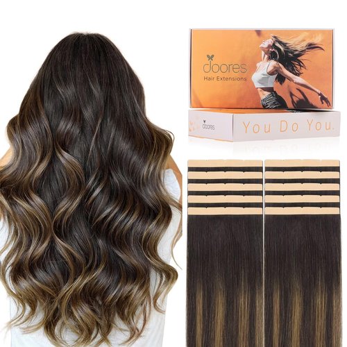 DOORES Hair Extensions Real Human Hair Wide Tape ins, Balayage Dark Brown to Chestnut Brown 20 Inch 10pcs 50g, Tape in Extensions Human Real Remy Invisible Fullness Skin Weft Silky Straight for Woman