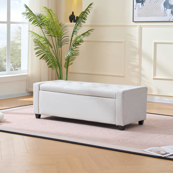 48" Upholstered Storage Bench - Faux Linen Ottoman for Bedroom