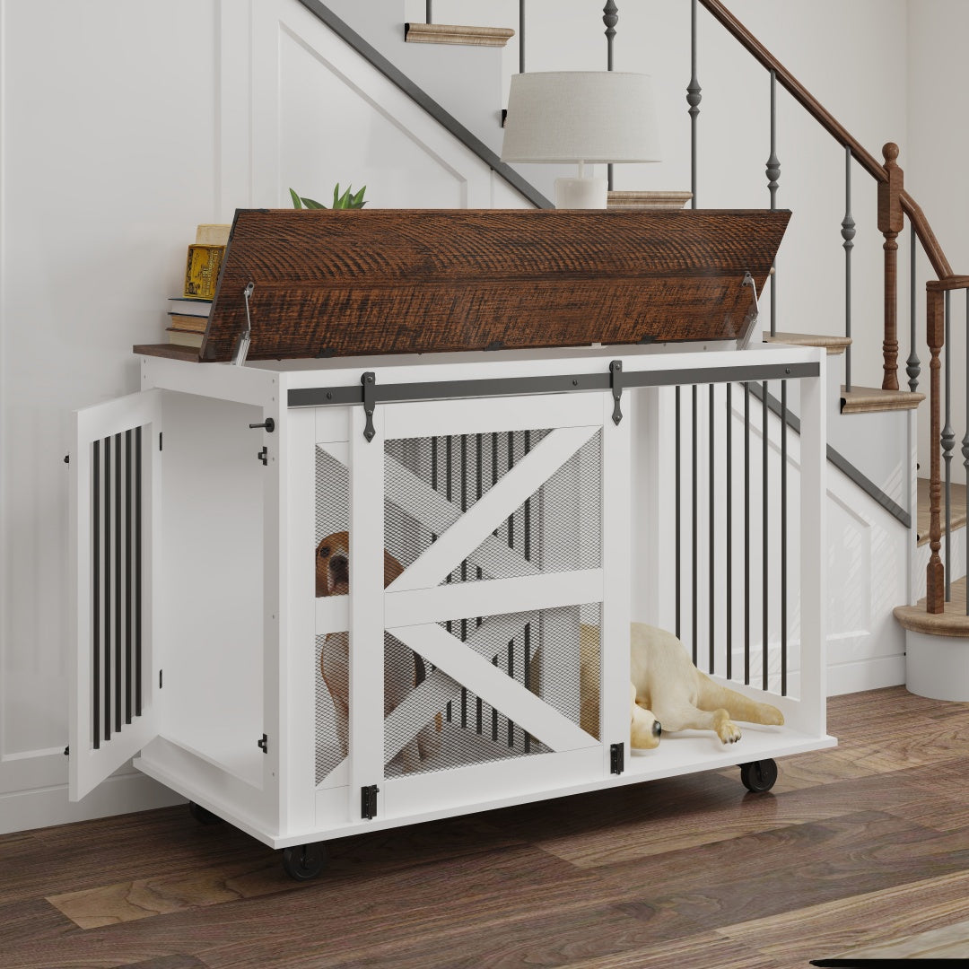 47.2-Inch Mobile Dog Crate with Flip-Top Feeding Door, Dual-Access & Casters