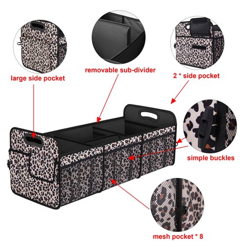Femuar Collapsible Trunk Organizer - 90L Large Capacity with 15 Pockets, Waterproof for SUV/Car/Jeep/Sedan, Extra Large Leopard Print