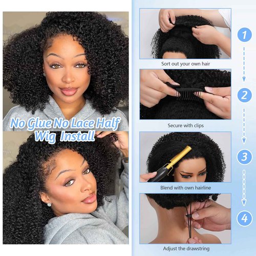 CUMASE Kinky Curly Half Wig Human Hair 200 Density 3 In 1 Seamless Flip Over Half Wig 20 Inch Glueless Wig with Drawstring No Lace for Women Beginner Friendly