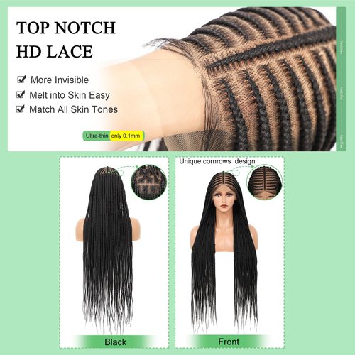 Youthfee 13x8 HD Lace Front Cornrow Braided Wigs for Women Braided Wig with Baby Hair Black Middle Parted Box Braid Wig Premium Synthetic 36 Inch