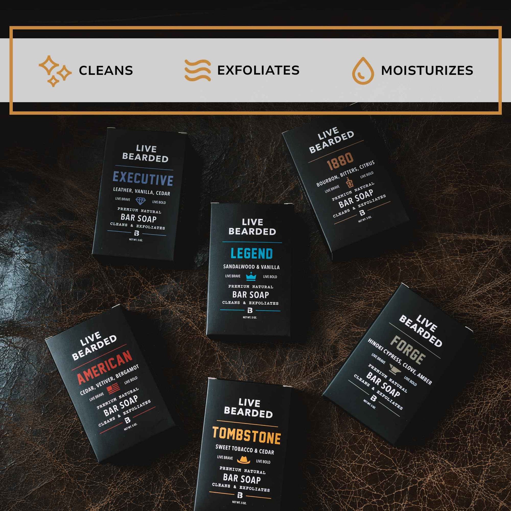Live Bearded All-Natural Bar Soap for Men, 6-Pack of 5 oz - Made in the USA - Exfoliates and Moisturizes - Charcoal, Pumice, Shea Butter | Tombstone Scent - Sweet Tobacco, Cedar