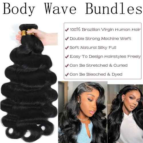 Fabimiya Body Wave Bundles Human Hair Natural Black Unprocessed Brazilian Virgin Hair Wave Bundles Natural Black Human Hair Quick 11A Weave Hair Extension