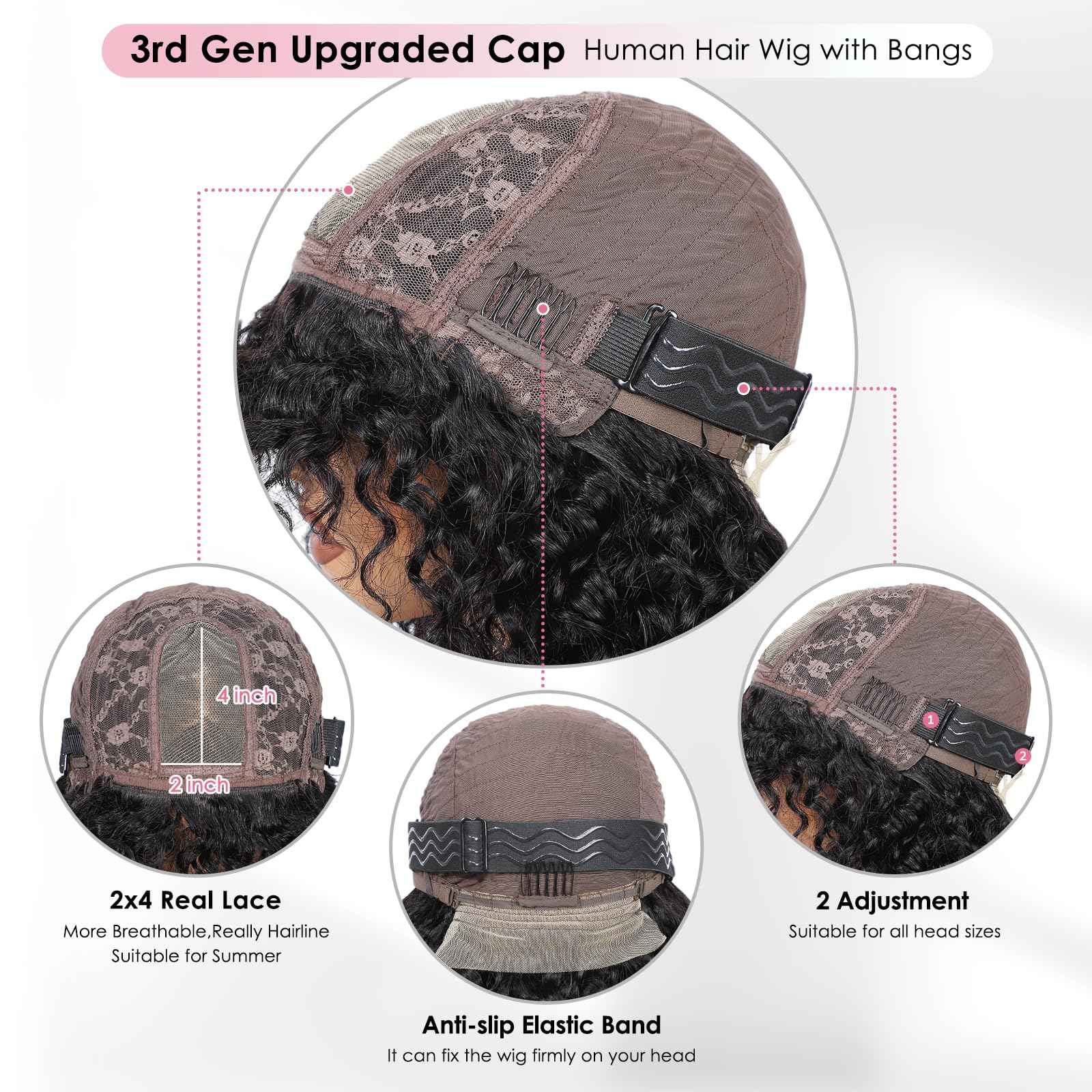 15A Raw Human Hair Wig with Bangs 4x2 Lace Short Water Wave Curly Glueless Wigs Layered Bob Wig Human Hair 180% Density Ready to Wear Wigs Glueless Human Hair for Women (10 Inch 1B Black)