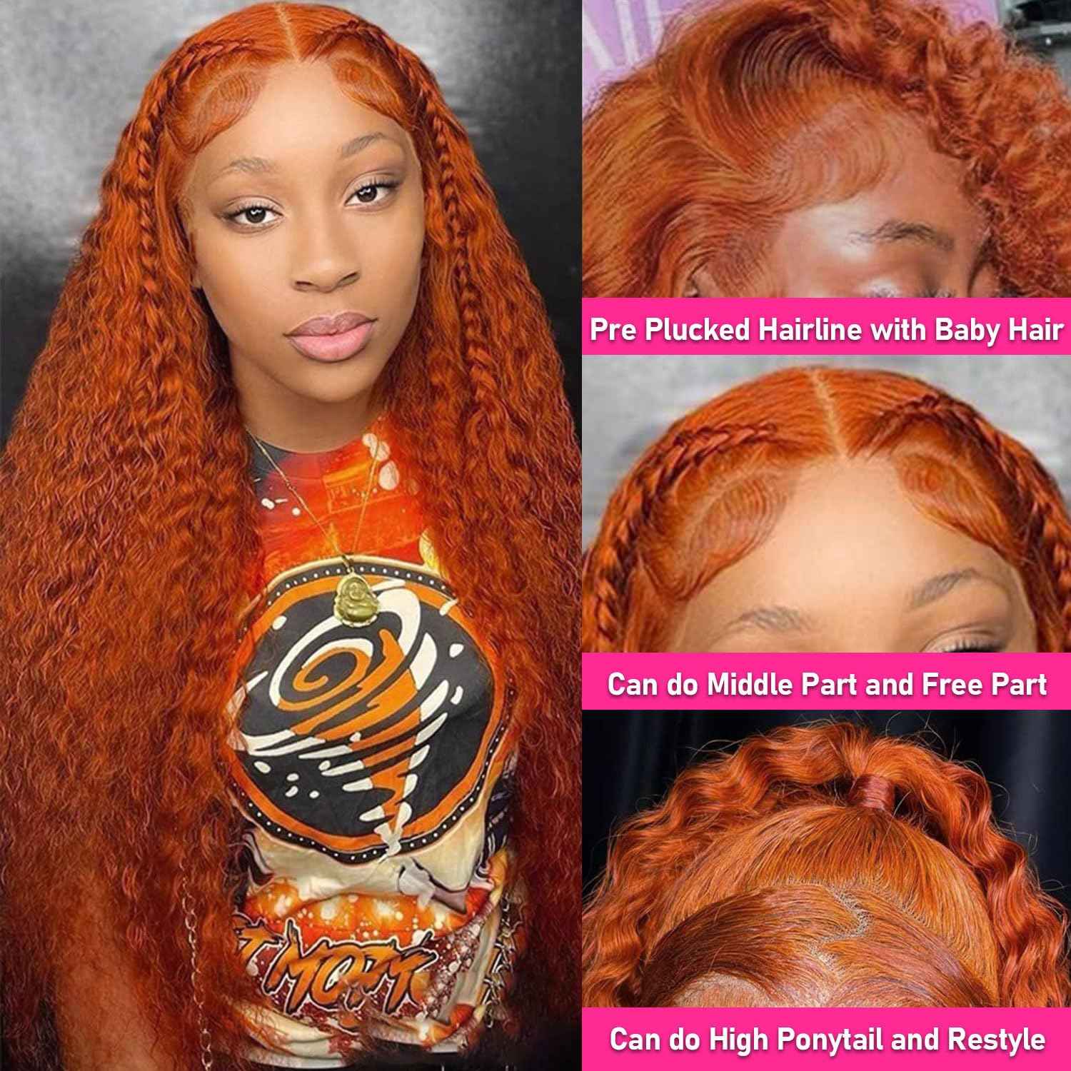 22 Inch Ginger Lace Front Wigs Human Hair Deep Wave 13x4 HD Transparent Full Lace Frontal Wig Human Hair for Women 180% Density 350# Orange Colored Glueless Deep Curly Wigs Human Hair Pre Plucked