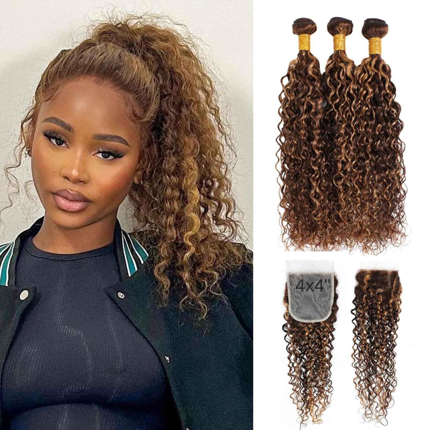 Honey Blonde Curly Human Hair Bundles With Closure, Ombre Water Wave Bundles 4x4 HD Lace Closure P4/27 Blonde And Brown Color, Soft & Shed-free Wet And Wavy 12A 100% Virgin Human Hair 10 12 14+10 Inch