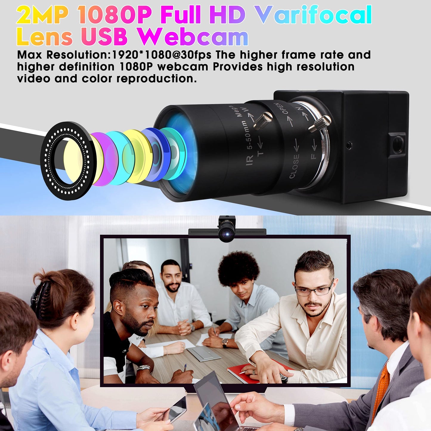 1080P USB Webcam with Zoom 5-50mm, Variable Focus, High Speed 100fps, UVC USB2.0 for PC & Industrial Video