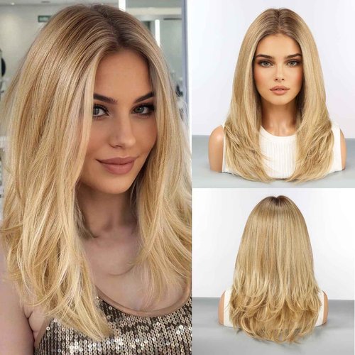 HAIRCUBE Human Hair Wig Lace Front Wig Ombre Ash Blonde Glueless Layered Shoulder-Length HairWigs for Women, Human Hair Blend, 13"×5"×1" HD Lace, 18 Inch Daily Use