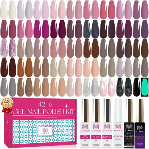 Arousar Gel Polish Kit, 48pcs Nail Gel Polish Set for Christmas, 42 Winter Colors Nude Brown Sliver Pink Coffee Starter Kit with Builder Nail Gel, Base & 4 Top Coat for Nail Art Manicure DIY at Home