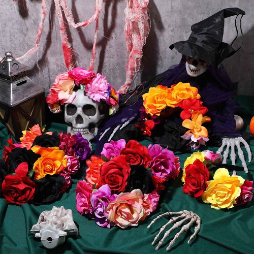 Xinnun 18 Pcs Mexican Rose Flower Crown Headband Easter Mardi Gras Headpiece Cosplay Headgear for Party