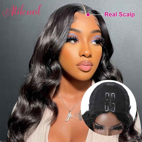 Atikual Body Wave V Part Wig Short Brazilian Virgin Human Hair Wigs For Black Women Thin Part Wig Glueless Clip In Half Wigs Upgrade U Part Wig Beginner Friendly No Sew In No Glue 24inch