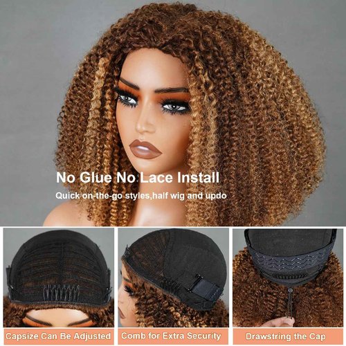 Domiso Honey Blonde Afro Kinky Curly 3 In 1 Half Wig with Drawstring Highlight 4/27 Kinky Curly Flip Over Glueless Wig Headband Wig Elastic Band Clip in Human Hair Bob Wig 14 Inch