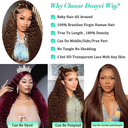 Chocolate Brown Deep Wave Lace Front Wigs Human Hair 13X6 Lace Front Wigs Human Hair Pre Plucked 180% Density HD Transparent Lace Frontal Wigs For Women Colored Deep Curly (Chocolate Brown, 24 Inch)