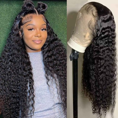 Bling Hair 28 Inch Deep Wave Frontal Wig Human Hair Pre Plucked Glueless Human Hair Wigs for Women 13x4 HD Lace Front Wigs Human Hair Deep Wave Wig 180% Density Natural Hairline Closure Wigs Black Wig