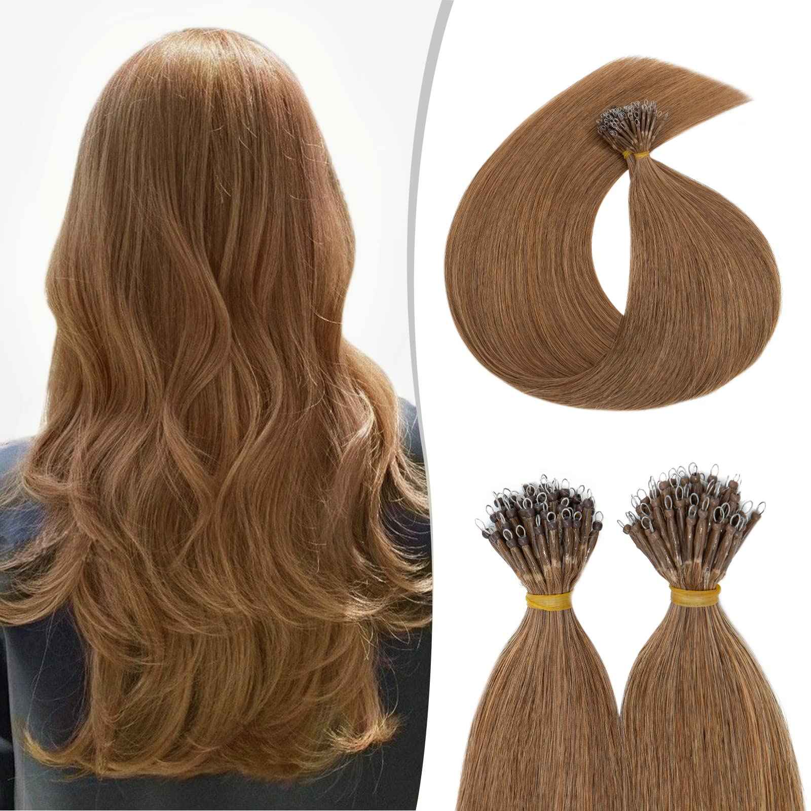 Nano Ring Human Hair Extensions Pre Bonded Keratin Fusion Stick Tip Iron Loop Link 50 strands 75g Straight Micro Bead Remy Hairpiece for Women Highlighted 20inch Light Auburn #30