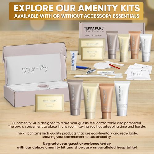 Terra Pure Spa Collection Amenity Kit | Hotel Bulk Toiletries | 0.85 oz Shampoo, Conditioner, Lotion, Body Wash, Massage Bar for Guest Hospitality Vacation Rentals | 15 Sets/Case