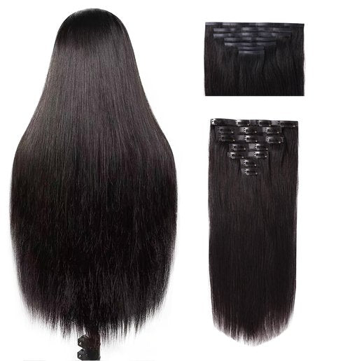 Essent Seamless Sleek Straight Clip in Hair Extensions Seamless Real Human Hair, 16 Inch 1Pack 130g 7Pcs Human Hair Extensions for Women Natural Black