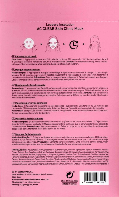 Leaders Insolution AC Clear Skin Clinic Mask | Snail Secretion & Tea Tree Oil for Acne, Redness, Oil Control | 100% Cotton Bemliese Sheet | Balances & Soothes Sensitive Skin (10 Sheets)