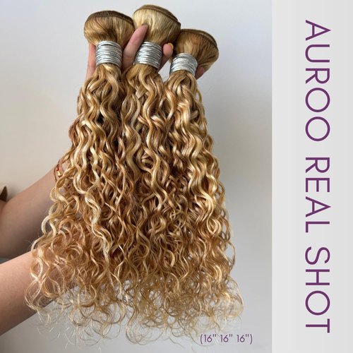 AUROO 27/613 Ombre Blonde Single Bundle Human Hair Water Wave 22 Inch, 13A Grade Highlighted Multi-Blonde Human Hair Wet n Wavy Curly Bundle 100% Raw Brazilian Silky Colored Hair Weaves Extension