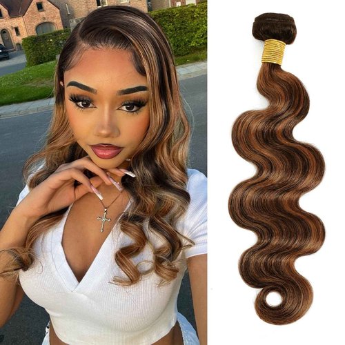 MOMOSHERO Brown Highlight Body Wave Bundles Human Hair 24 In, 12A Soft and Glossy Blonde Balayage Ombre One Bundles 100% Remy Hair Single Ombre Bundle #1b/30 Piano Color Dark Root