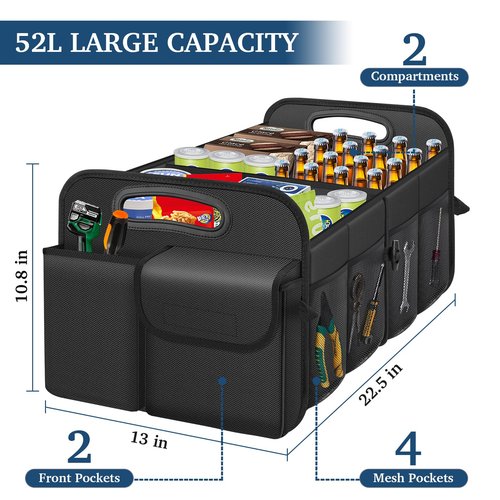 Femuar Car Trunk Organizer with Large Capacity Waterproof Car Accessories for Women & Men, Collapsible Trunk Organizer for Suv/Jeep/Sedan (Black, Standard)