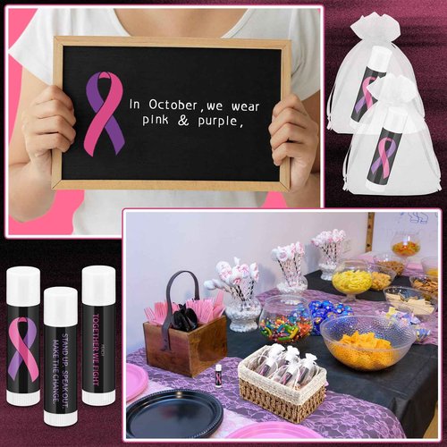 Fumete 100 Pcs Breast Cancer Awareness Lip Balm Bulk Pink Ribbon and Purple Ribbon Domestic Violence Awareness Moisturizer and Nourishing Lip Balm Gifts for Women Men Party Supplies, 4 Scents