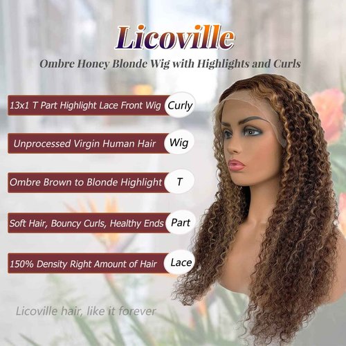 Licoville Ombre Lace Front Wigs Human Hair 22 Inch Curly Highlight Lace Frontal Wig Mixed with Brown Roots Wear and Go 4/27 Honey Blonde Water Wave Human Hair Wig 150% Density