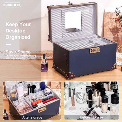 urecity Vintage Makeup Train Case, Navy Blue Artificial Leather, Professional Cosmetic Organizer with Metal Combination Lock, Retro Style Storage Box