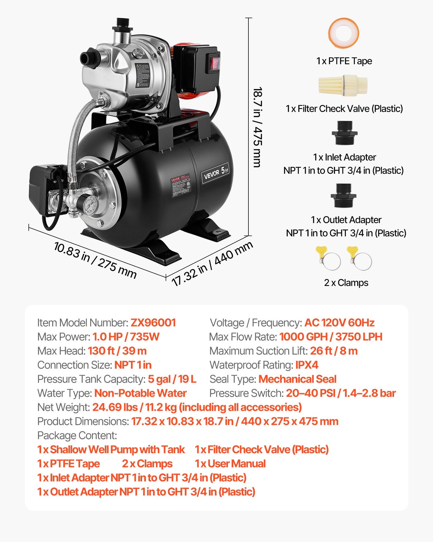 Shallow Well Pump with Pressure Tank - 120V, Stainless Steel, 1000 GPH, Garden Irrigation System