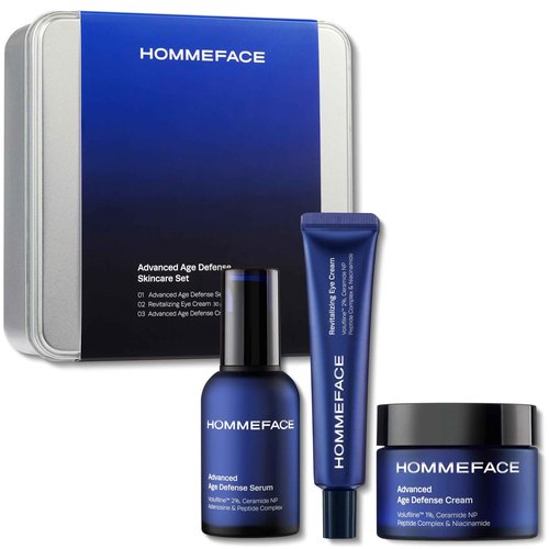 HOMMEFACE Men’s Advanced Age Defense 3-Piece Anti-Aging Skincare Set - Facial Serum, Eye Cream & Face Cream - Korean Skincare Technology with Volufiline, Ceramide, Hyaluronic Acid & Peptides