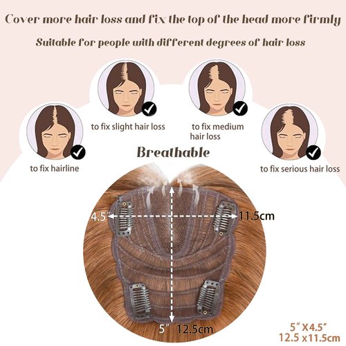 viviaBella Human Hair Hand-tied Swiss Lace BaseToppers Natural Looking no Bangs, Clip in Real Human Hair Toupee for Women with Thinning Hair Big Coverage 12inch hairpieces(Copper Red, 5"X4.5")