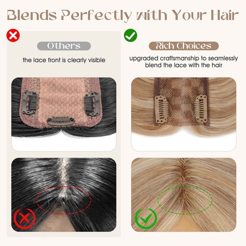 Rich Choices Hair Toppers for Women Real Human Hair 100% Human Remy Toppers for Women with Thinning Clip in NO Bangs Lace Base 150% Density 08 Inch #12P613 Golden Brown Highlight Bleach Blonde