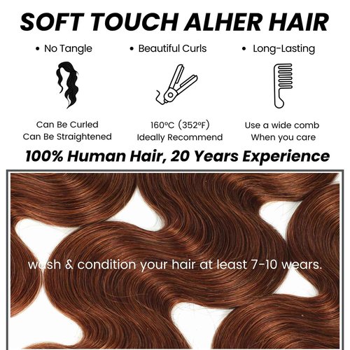 ALHER #33 Reddish Brown Body Wave 13x4 Lace Frontal Human Hair 22 Inch, Copper Brown Auburn Colored HD Transparent Lace Frontal Closure Ear to Ear 100% Virgin Remy Human Hair 150% Density