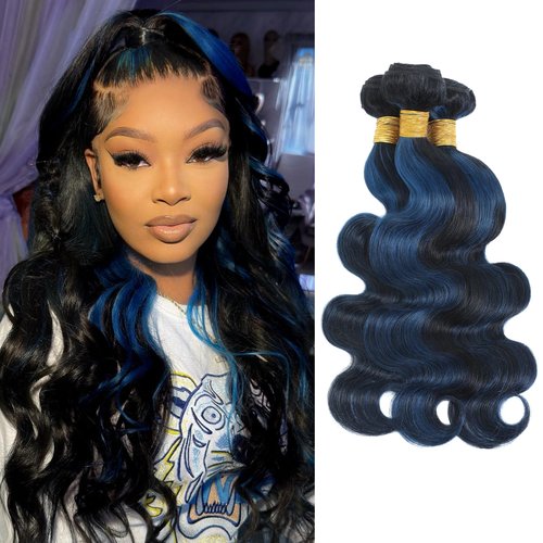 ALHER Black Mix Midnight Blue Bundle Human Hair Body Wave, 12A Soft Thick 3 Bundles Wavy Human Hair, 100% Remy Hair Balayage Two Tone Subtle Colored Double Weft (#1B/Blue, 10 12 14 IN)